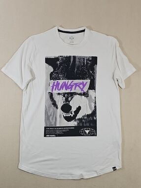 Under Armour White Tee with Black Wolf Graphic and Purple 'Hungry' Text